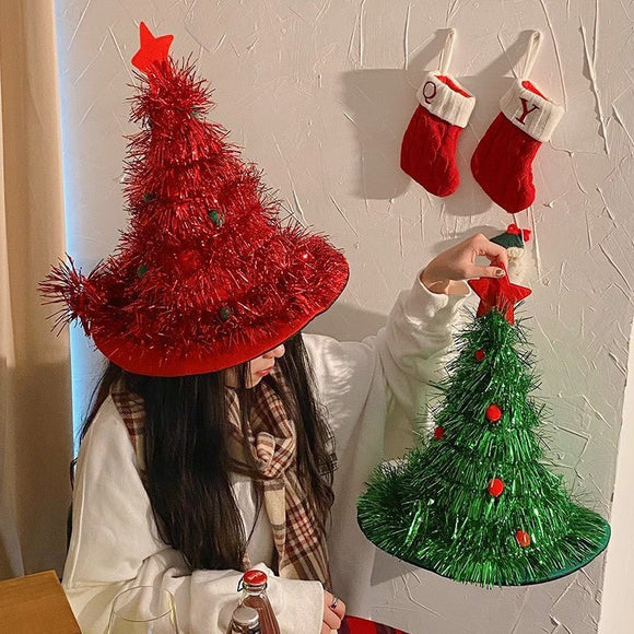 Silver Sparkly Tinsel Christmas Tree Hat - Festive Holiday Party Headwear for Adults & Kids - RnR Galore