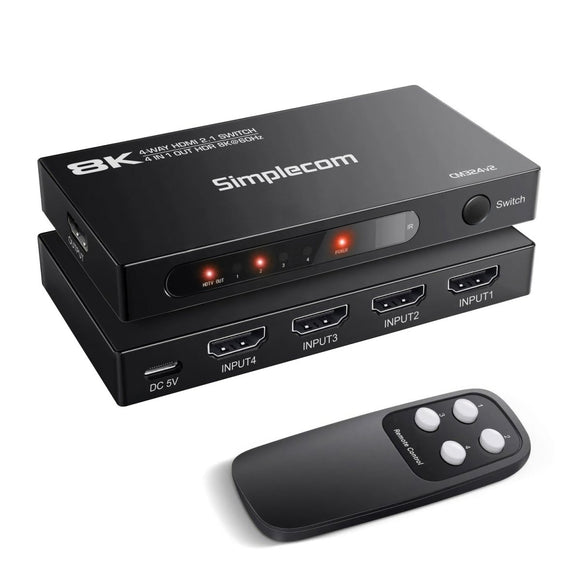 Simplecom CM324v2 4 - Port HDMI 2.1 Switch with Remote 4 IN 1 OUT Splitter HDCP 2.3 8K@60Hz - RnR Galore