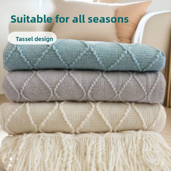 Smoky grey Nordic Knitted Throw Blanket with Tassels 130x230cm Soft Acrylic Diamond Pattern Sofa Cover Bed Runner and Travel Blanket - RnR Galore