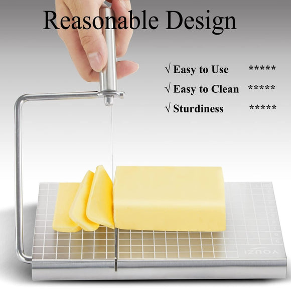 Stainless Steel Cheese Slicer with 10 Replacement Wires – Precision Grid Cutting Board, Ergonomic Handle, Easy to Clean – Ideal for Butter, Cake, Soft Cheese (Silver) - RnR Galore