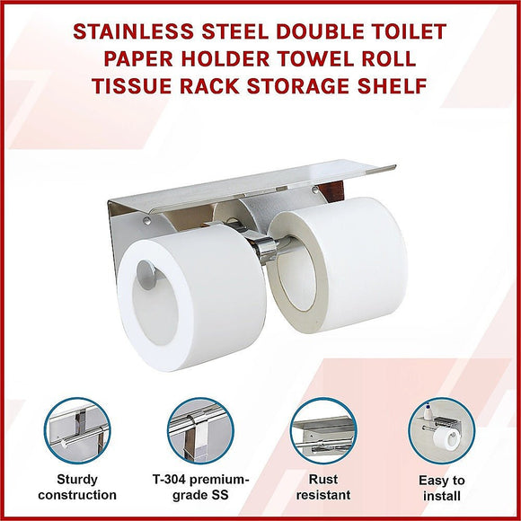 Stainless Steel Double Toilet Paper Holder Towel Roll Tissue Rack Storage Shelf - RnR Galore