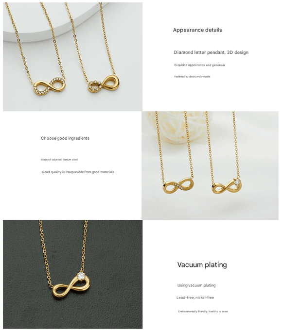 Style 8 Gold Infinity Necklace for Women - Dainty Titanium Steel Pendant with Sparkling Cubic Zirconia - RnR Galore
