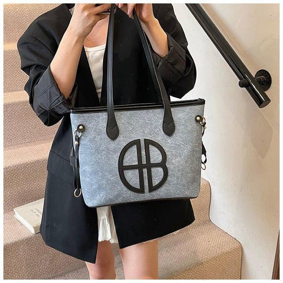 Stylish Large Capacity Tote Bag with PU Leather Trim & Logo Detail(Blue and Brown) - RnR Galore