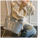 Stylish Large Capacity Tote Bag with PU Leather Trim & Logo Detail(Blue with black) - RnR Galore