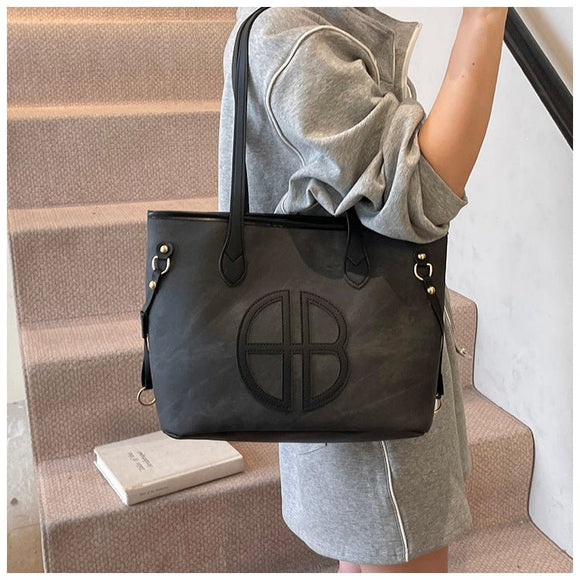 Stylish Large Capacity Tote Bag with PU Leather Trim & Logo Detail(Blue with black) - RnR Galore