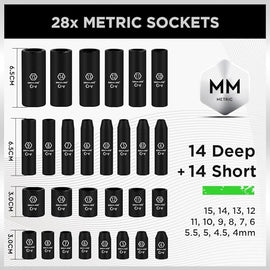 SWANLAKE 1/4" Drive Impact Socket Set, 56 - Piece Standard SAE (5/32 to 9/16 inch) and Metric (4 - 15mm) Size, 6 Point, Cr - V, 1/4 - Inch Drive Ratchet Handle, Drive Extension Bar, Impact Universal Joint - RnR Galore