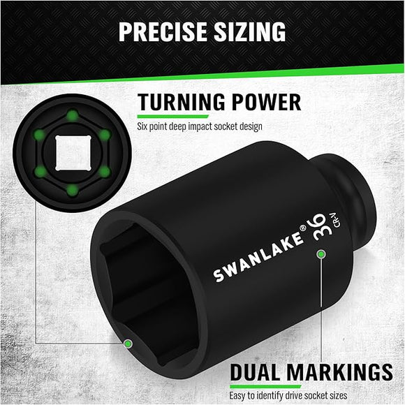SWANLAKE 9 - Piece 1/2" Drive Jumbo Impact Socket Set, Metric 29mm - 38mm Large Socksts Spindle Axle Nut Impact Socket, CR - V Black - RnR Galore