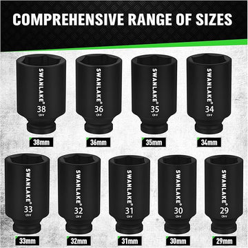SWANLAKE 9 - Piece 1/2" Drive Jumbo Impact Socket Set, Metric 29mm - 38mm Large Socksts Spindle Axle Nut Impact Socket, CR - V Black - RnR Galore