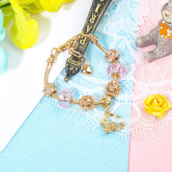 Sweet Style Crystal Rhinestone Gold Star Moon Pendant Cute Pink Bead Bracelet(17cm) - RnR Galore