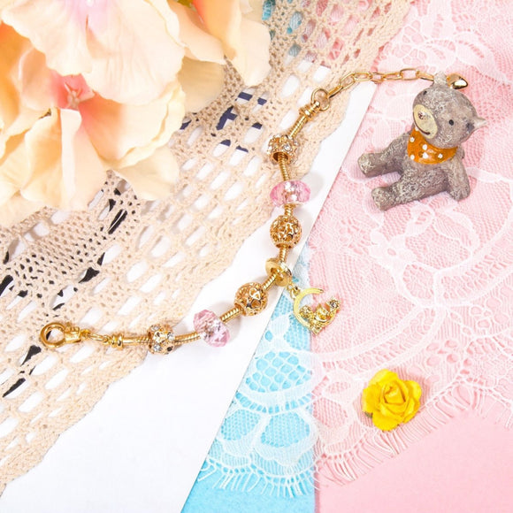 Sweet Style Crystal Rhinestone Gold Star Moon Pendant Cute Pink Bead Bracelet(19cm) - RnR Galore