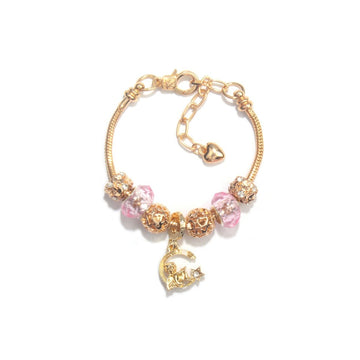 Sweet Style Crystal Rhinestone Gold Star Moon Pendant Cute Pink Bead Bracelet(19cm) - RnR Galore