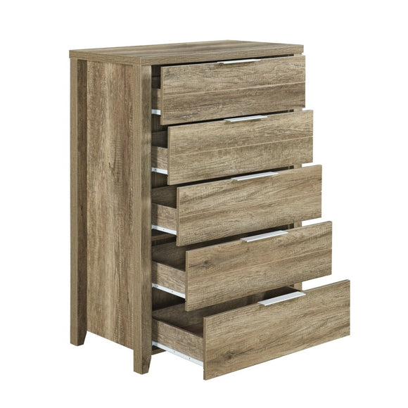 Tallboy with 5 Storage Drawers Natural Wood like MDF in Oak Colour - RnR Galore