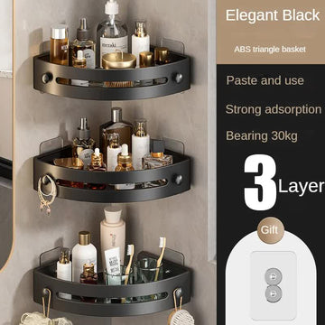 Three layers of elegant black Premium No - Drill Corner Shower Caddy - Thickened ABS Bathroom Storage Shelf with Hooks, Quick Wall Mount Organiser - RnR Galore