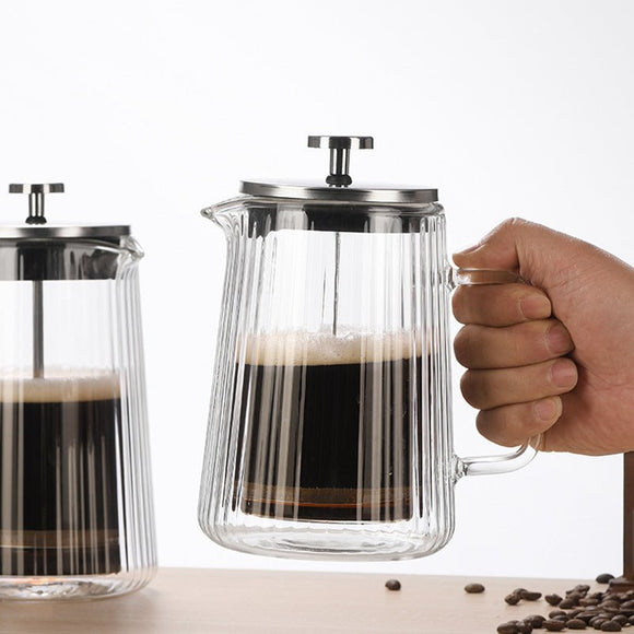 Transparent Elegant Ribbed Double Wall Glass French Press - 1000ml Heat Resistant Coffee and Tea Maker with Stainless Steel Filter - RnR Galore