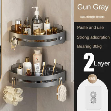 Two layers of gun gray Premium No - Drill Corner Shower Caddy - Thickened ABS Bathroom Storage Shelf with Hooks, Quick Wall Mount Organiser - RnR Galore
