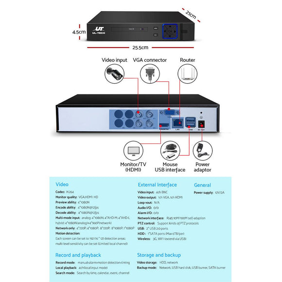 UL - tech CCTV Security System 4CH DVR 2 Cameras 1TB Hard Drive - RnR Galore