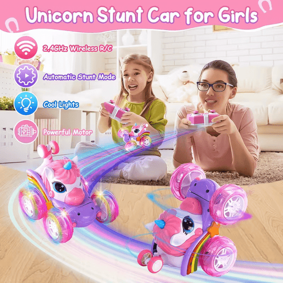 Unicorn remote control car for girls, 360° rotating four - wheel drive stunt remote control car with cute lights, rechargeable toy - children's birthday gift - RnR Galore