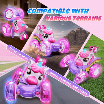 Unicorn remote control car for girls, 360° rotating four - wheel drive stunt remote control car with cute lights, rechargeable toy - children's birthday gift - RnR Galore