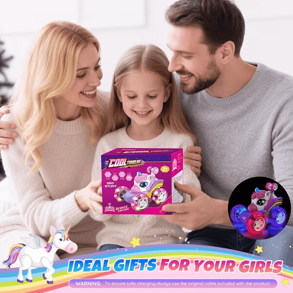 Unicorn remote control car for girls, 360° rotating four - wheel drive stunt remote control car with cute lights, rechargeable toy - children's birthday gift - RnR Galore