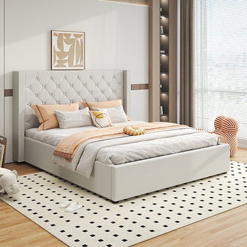 Veronica Bed Frame King Size Winged Grey Linen Fabric Seam Grid Pattern with gas lift plywood metal structure - RnR Galore