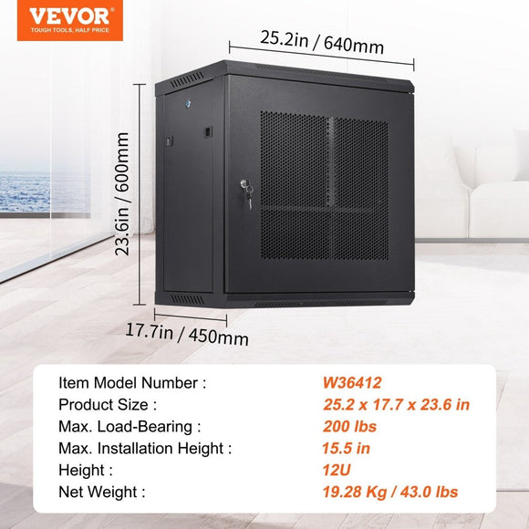 VEVOR 12U Wall Mount Network Server Cabinet, 15.5'' Deep, Server Rack Cabinet Enclosure, 200 lbs Max. Ground - mounted Load Capacity, with Locking Door Side Panels, for IT Equipment, A/V Devices - RnR Galore