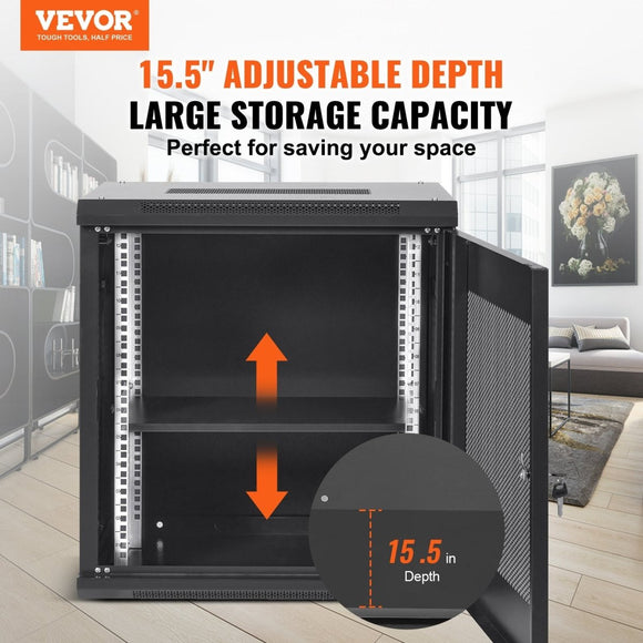 VEVOR 12U Wall Mount Network Server Cabinet, 15.5'' Deep, Server Rack Cabinet Enclosure, 200 lbs Max. Ground - mounted Load Capacity, with Locking Door Side Panels, for IT Equipment, A/V Devices - RnR Galore