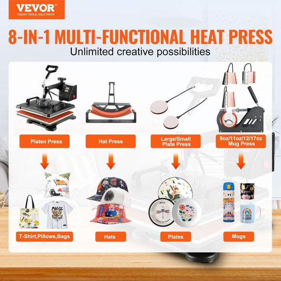 VEVOR 1400W Heat Press Machine 8 In 1 Sublimation Steel Frame Heat Presses with Temperature And Time Control (12X15INCH 8IN1) - RnR Galore