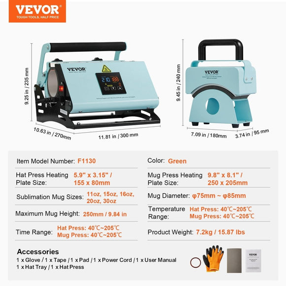 VEVOR 2 in 1 Tumbler and Hat Heat Press Machine Heat Machine for Caps Hats Mugs - RnR Galore
