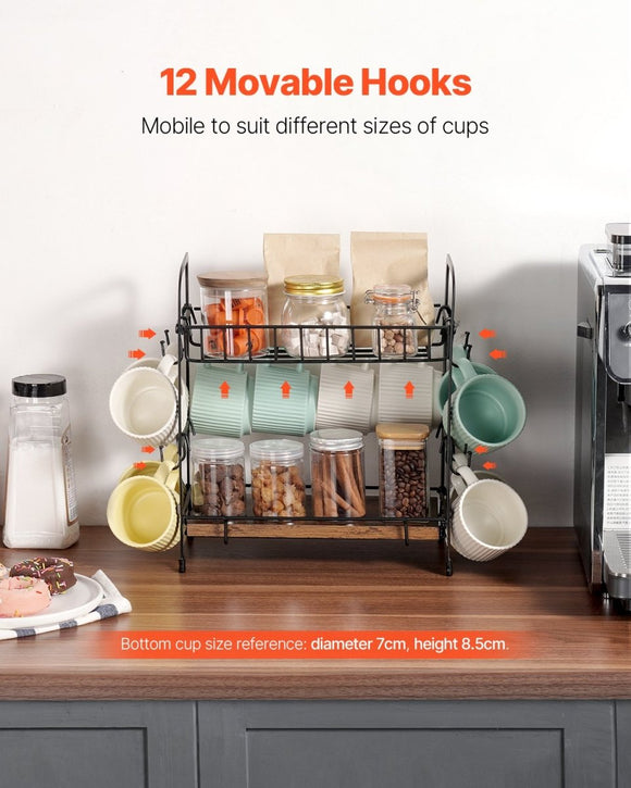 VEVOR 2 Tier Coffee Bar Organizer for Countertop w/ 12 Movable Hooks Mug Holder - RnR Galore
