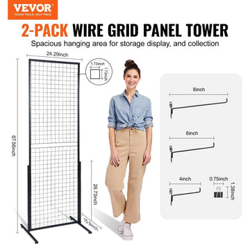 VEVOR 2' x 5.6' Grid Wall Panels Tower, 2 Packs Wire Gridwall Display Racks with T - Base Floorstanding, Double Side Gridwall Panels for Art Craft Shows, Retail Display with Extra Clips and Hooks - RnR Galore