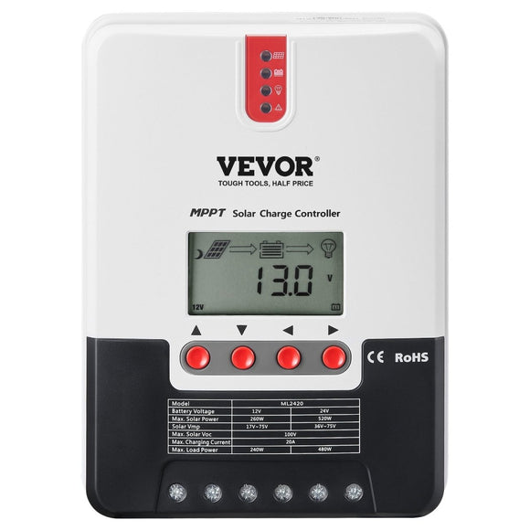 VEVOR 20A MPPT Solar Charge Controller, Auto DC Input, Solar Panel Regulator Charger with LCD Display Temperature Sensor Cable, for Sealed(AGM), Gel, Flooded and Lithium Battery Charging - RnR Galore