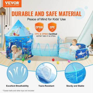 VEVOR 3 in 1 Kids Play Tent with Tunnel, Basketball Hoop for Boys, Girls, Babies and Toddlers, Indoor/Outdoor Pop Up Playhouse with Carrying Bag & Banding Straps Birthday Gifts, Blue Ocean - RnR Galore