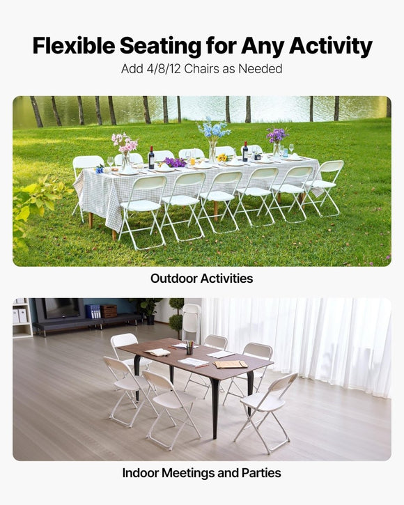 VEVOR 4 Pack Folding Chairs, Foldable Plastic Chairs with Heavy Duty Metal Frame, Portable Folding Card Table Chairs, Stackable Indoor Outdoor Seats for Home, Yard, Garden, Parties, Events, White - RnR Galore