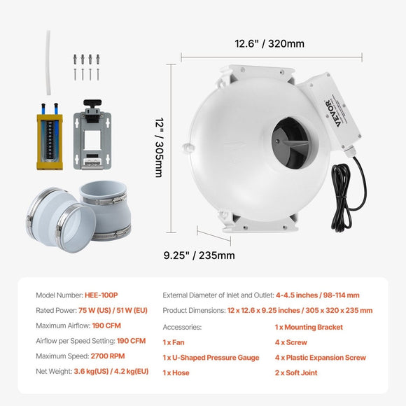 VEVOR 4" to 4.5" Radon Mitigation Fan System Kit Quiet 190 CFM Inline Duct Fan - RnR Galore