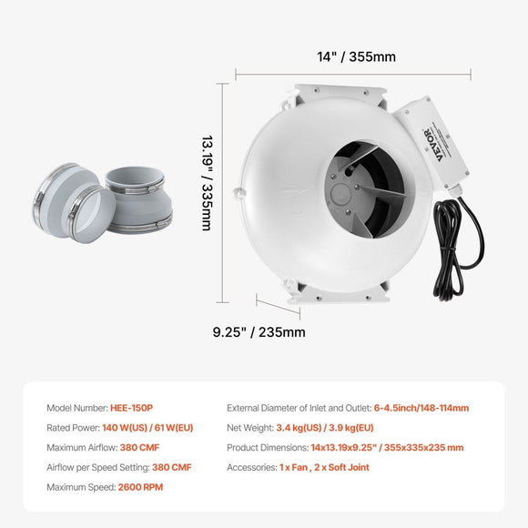 VEVOR 4" to 4.5" Radon Mitigation Fan System Quiet 380CFM Inline Duct Waterproof - RnR Galore