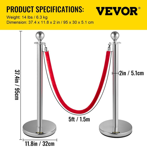 VEVOR 6PCS Red Rope Stanchion Silver Post Crowd Control Queue Line Barrier - RnR Galore