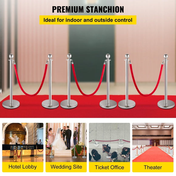 VEVOR 6PCS Red Rope Stanchion Silver Post Crowd Control Queue Line Barrier - RnR Galore