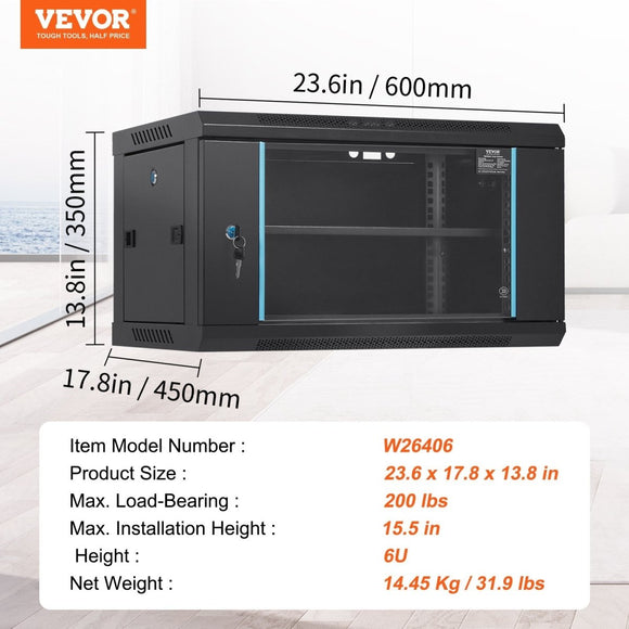 VEVOR 6U Wall Mount Network Server Cabinet, 15.5'' Deep, Server Rack Cabinet Enclosure, 200 lbs Max. Ground - mounted Load Capacity, with Locking Glass Door Side Panels, for IT Equipment, A/V Devices - RnR Galore