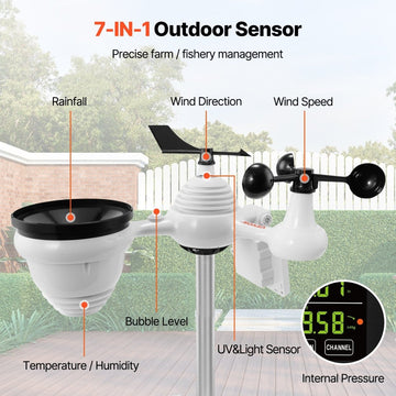VEVOR 7 - in - 1 Wi - Fi Weather Station, 7.5 in Color Display, Home Weather Station Indoor Outdoor, with Solar Wireless Outdoor Sensor Alarm Alerts, for Temperature Humidity Wind Speed/Direction Rain - RnR Galore