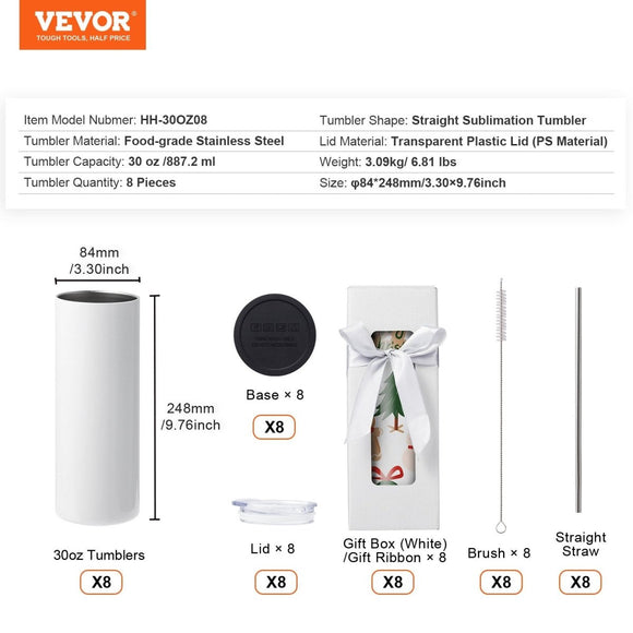 VEVOR 8 Pack Straight Sublimation Tumblers, 30 oz Blank Tumbler Bulk, Stainless Steel Double Wall Tumbler Cups with Straw, Lid, Brush, Base, Shrink Wrap, Gift Box, for Heat Press and Heat Transfer - RnR Galore