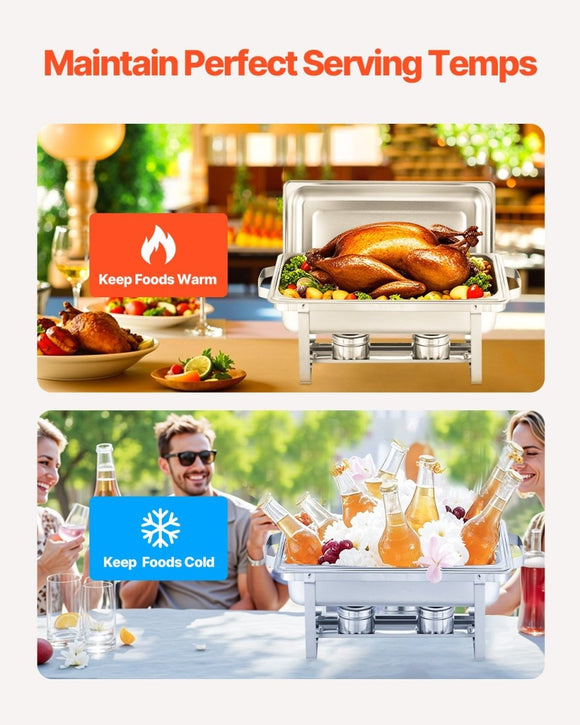 VEVOR 8 Qt 6 Pack Rectangle Chafing Dish Buffet Set Fullsize Pan Stainless Steel - RnR Galore