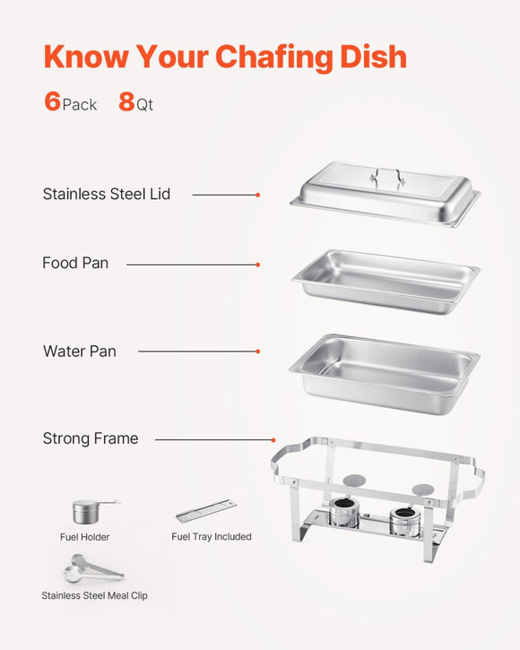 VEVOR 8 Qt 6 Pack Rectangle Chafing Dish Buffet Set Fullsize Pan Stainless Steel - RnR Galore