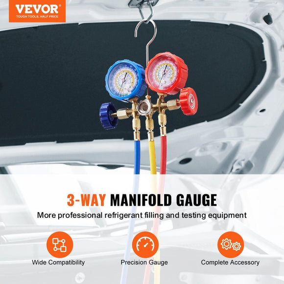 VEVOR AC Gauge Set - 3 Way AC Manifold Gauge Set for R134A R22 R12 R502 Refrigerant, Freon Gauges with 5ft Hoses, Couplers, Can Tap Works on Car Auto Freon Charging and Evacuation - RnR Galore