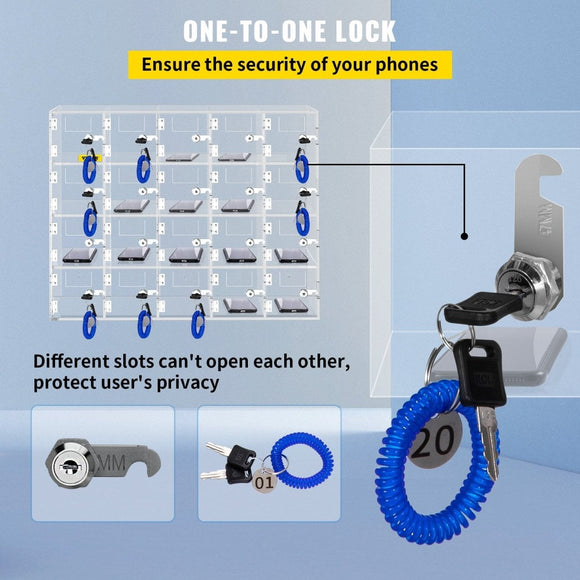 VEVOR Acrylic Cell Phone Locker Box Storage Cabinet Pocket w/Keys 20 Slots Clear - RnR Galore