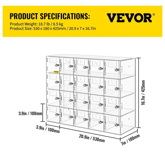 VEVOR Acrylic Cell Phone Locker Box Storage Cabinet Pocket w/Keys 20 Slots Clear - RnR Galore