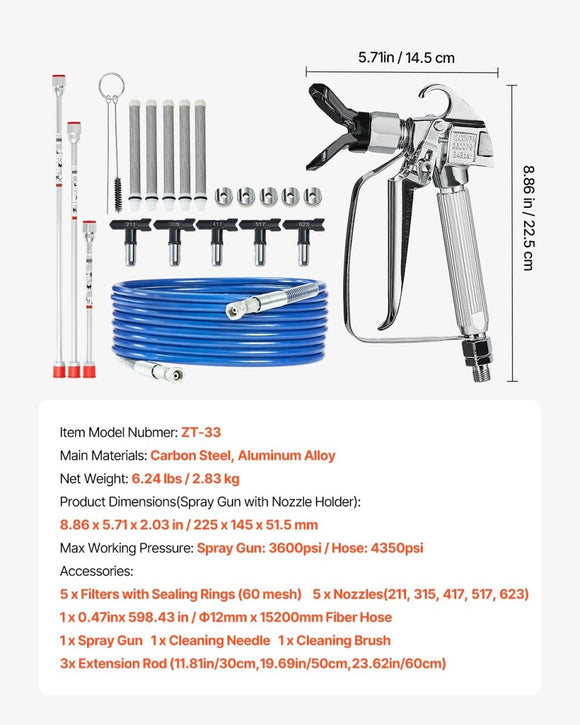 VEVOR Airless Paint Spray Gun and Hose Kit 3600PSI with Extension Rods Filters - RnR Galore