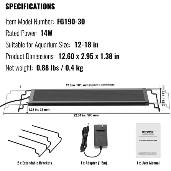 VEVOR Aquarium Light, 14W Full Spectrum Fish Tank Light with 24/7 Natural Mode, Adjustable Timer & 5 - Level Brightness, with Aluminum Alloy Shell Extendable Brackets for 12" - 18" Freshwater Planted Tank - RnR Galore