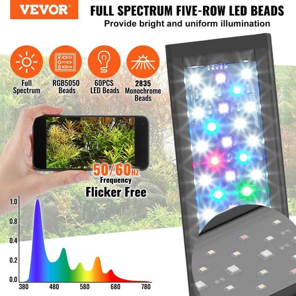VEVOR Aquarium Light, 14W Full Spectrum Fish Tank Light with 24/7 Natural Mode, Adjustable Timer & 5 - Level Brightness, with Aluminum Alloy Shell Extendable Brackets for 12" - 18" Freshwater Planted Tank - RnR Galore