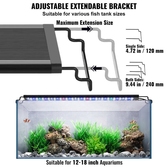 VEVOR Aquarium Light, 14W Full Spectrum Fish Tank Light with 24/7 Natural Mode, Adjustable Timer & 5 - Level Brightness, with Aluminum Alloy Shell Extendable Brackets for 12" - 18" Freshwater Planted Tank - RnR Galore