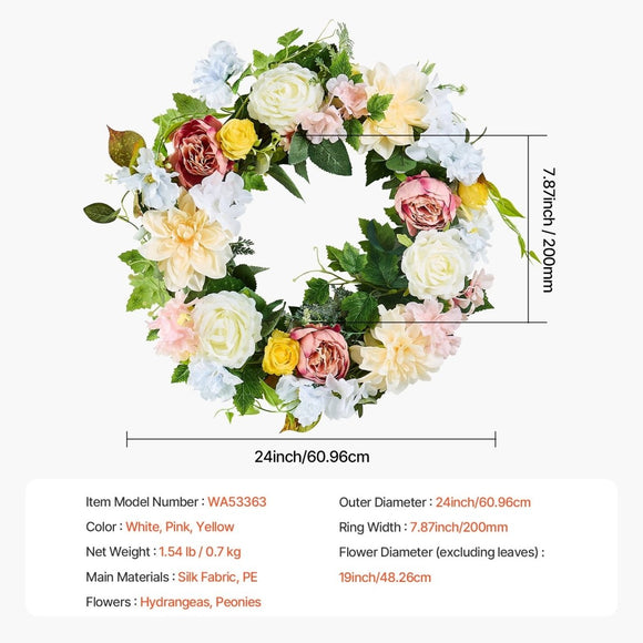 VEVOR Artificial Decorative Wreath 60.96 cm White Pink Yellow Peonies Hydrangeas - RnR Galore